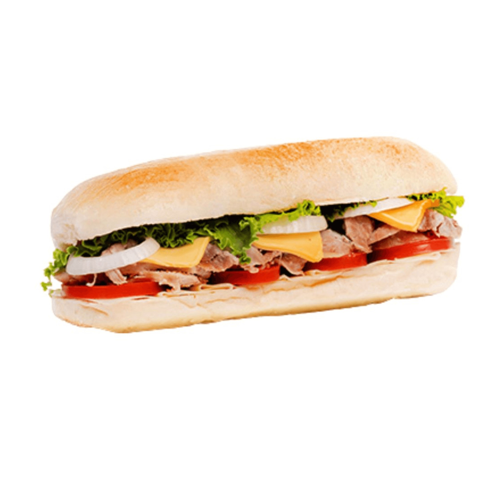 Banana King's long sandwich with meat, cheese, lettuce, onions, and tomatoes on a white background.