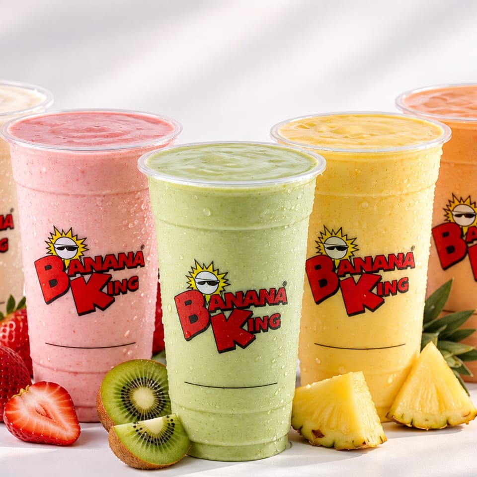 Three colorful Banana King smoothies in branded cups, surrounded by strawberries, kiwi, and pineapple slices.
