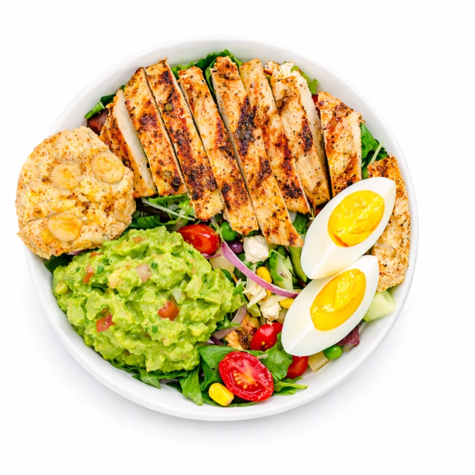 Grilled chicken salad topped with guacamole, hard-boiled eggs, hummus, tomatoes, corn, cucumber, and mixed greens.