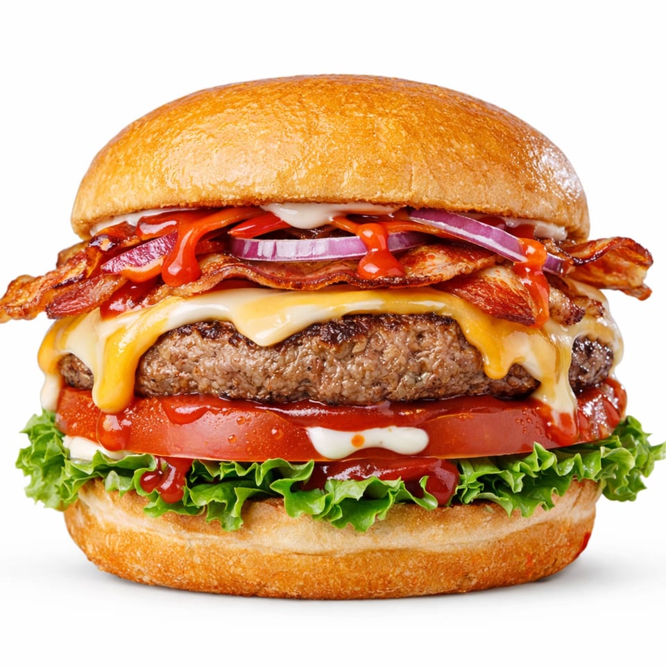 Loaded cheeseburger with bacon, melted cheese, tomato, lettuce, red onion, ketchup, and mayonnaise on a toasted bun.
