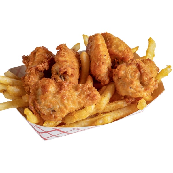 Crispy fried chicken pieces and golden french fries in a red and white checkered paper tray.