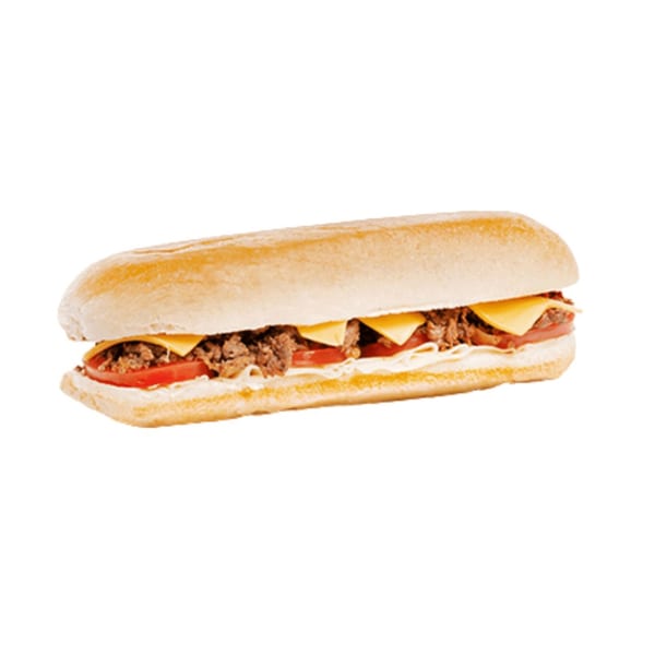 A Banana King cheesesteak sandwich with sliced tomatoes and melted cheese on a white background.