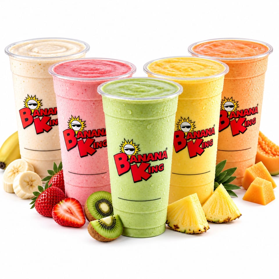 Five colorful Banana King smoothies surrounded by bananas, strawberries, kiwi, pineapple, and papaya on a white background.