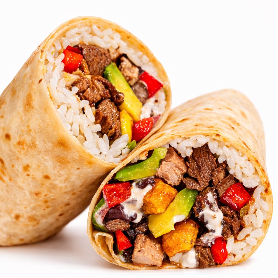 Two stuffed burritos filled with rice, grilled meat, black beans, colorful peppers, vegetables, and creamy sauce.