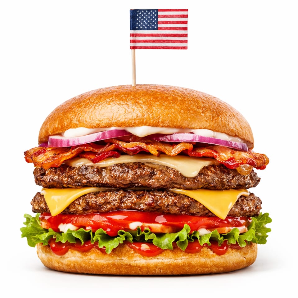 Towering double cheeseburger with bacon, onions, lettuce, tomato, sauces, and an American flag toothpick on a white background.