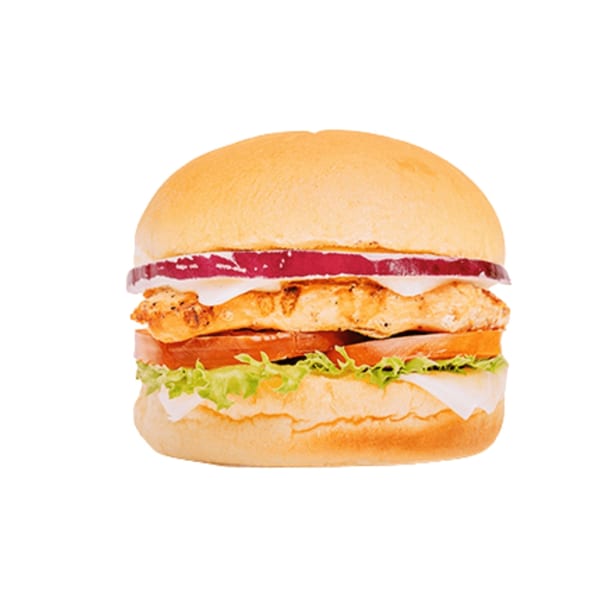 Banana King's grilled chicken sandwich with lettuce, tomato, onion, and cheese on a bun.