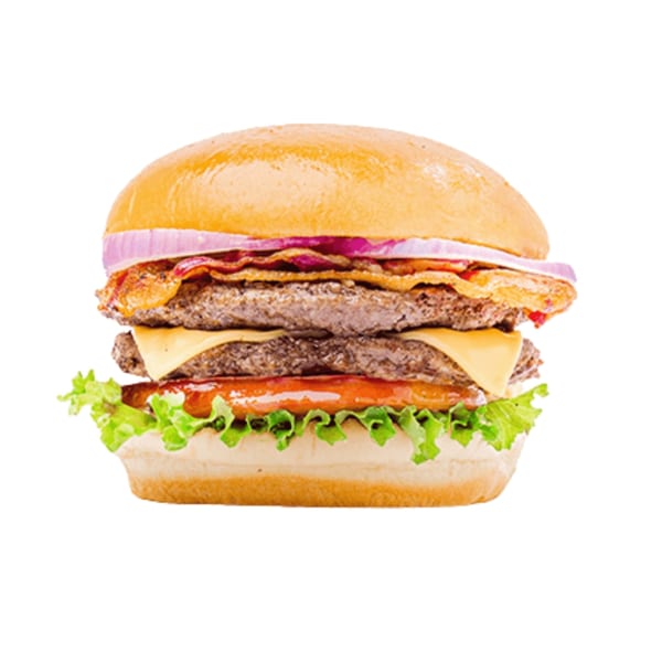 Double cheeseburger with bacon, red onion, tomato, and lettuce on a bun from Banana King.