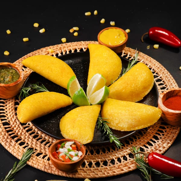 Golden empanadas arranged on a black plate with lime wedges, surrounded by various sauces and spices.