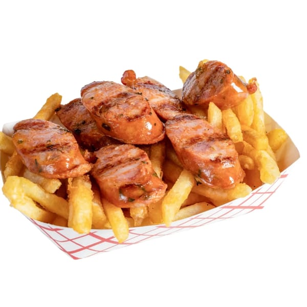 Grilled sausage slices and golden french fries served in a red and white checkered paper tray.