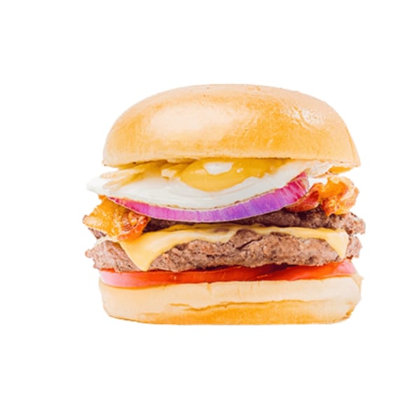A Banana King double cheeseburger with bacon, fried egg, red onion, and tomato on a white background.